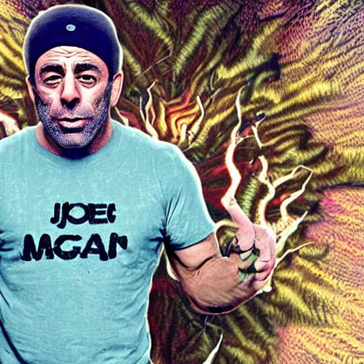 Image similar to joe rogan tripping on mescaline photorealistic