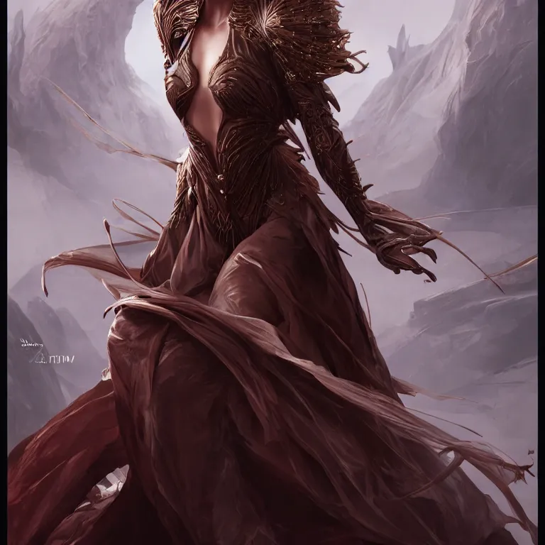 Image similar to beautiful cinematic fantasy poster, a beautiful fashion model wearing haute couture in dynamic pose, wideshot ultrawide angle epic scale, hybrid from The Elden Ring and art direction by Darius Zawadzki ;by artgerm; wayne reynolds art station; cinematic quality character render; low angle; ultra high quality model; production quality cinema model;