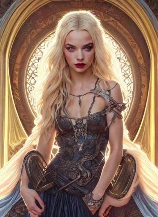 Image similar to ultra realistic illustration, a stunningly beautiful greek gothic goddess of chaos played by jordyn jones and dove cameron and margot robbie and taylor swift and megan fox, intricate, elegant, highly detailed, digital painting, artstation, concept art, smooth, sharp focus, illustration, art by artgerm and greg rutkowski and alphonse mucha