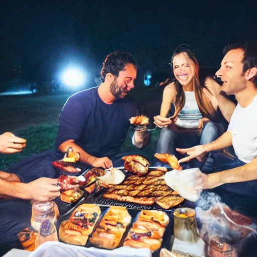 Image similar to a photo of some argentine friends eating a barbecue at night