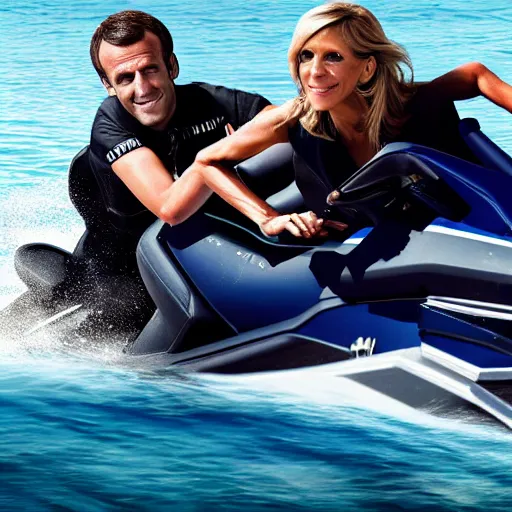 Image similar to photography, emmanuel macron driving a jetski, next to brigitte macron swimming, ultra realistic, concept art, intricate details, highly detailed, photorealistic