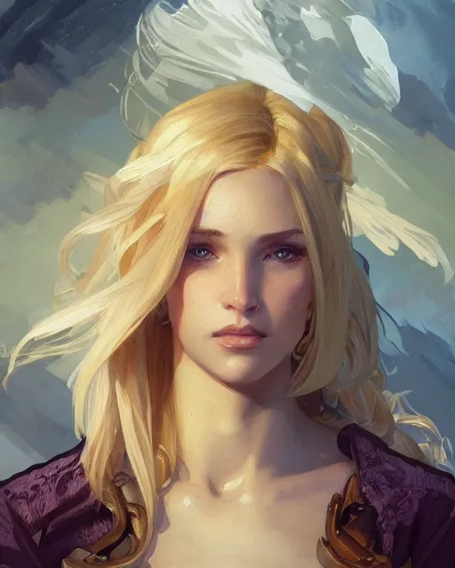 Image similar to '' Portrait of Beautiful blonde Slavic woman in her early 30’s, league of legends, LOL, fantasy, d&d, digital painting, artstation, concept art, sharp focus, illustration, art by greg rutkowski and alphonse mucha ''