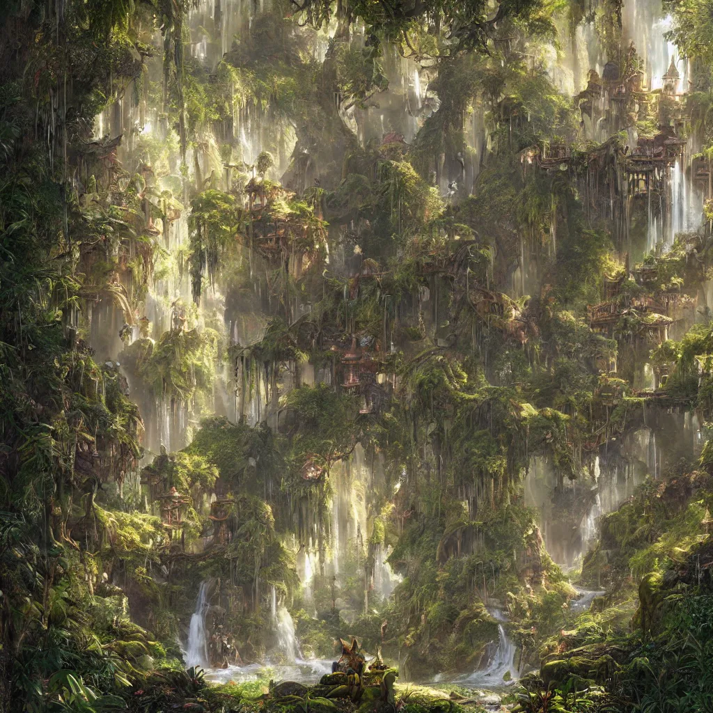 Image similar to fox in a fairy palace, castle towers, sunbeams, gothic towers, Japanese shrine waterfall, gold and gems, gnarly details, lush vegetation, forest landscape, painted by tom bagshaw, raphael lacoste, eddie mendoza, alex ross concept art matte painting