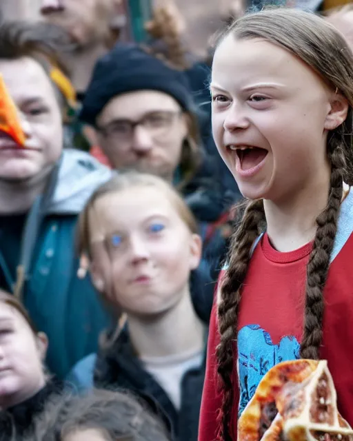 Image similar to film still close - up shot of greta thunberg with face piercings giving a speech in a crowded train station eating pizza, smiling, the sun is shining. photographic, photography