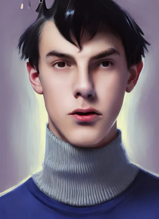 Image similar to portrait of teenage jughead jones wearing a light grey crown, crown, eating hamburger, blue turtleneck, eyes closed, crown, black hair, intricate, elegant, glowing lights, warm lighting, highly detailed, digital painting, artstation, concept art, smooth, sharp focus, illustration, art by wlop, mars ravelo and greg rutkowski