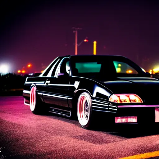 Image similar to a black 1990 Ford thunderbird sc at illegal car meet, Chiba prefecture, city midnight mist lights, cinematic color, vaporwave, highly detailed wheels, 50MM