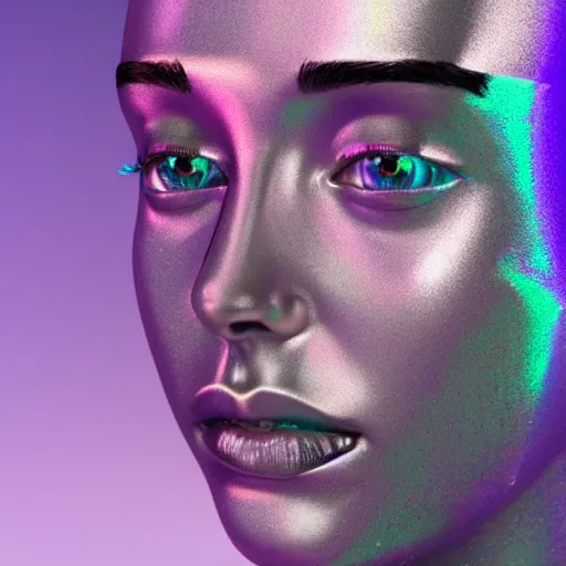 Image similar to 3d render of holographic human robotic head made of glossy iridescent, surrealistic 3d illustration of a human face non-binary, non binary model, 3d model human, cryengine, made of holographic texture, holographic material, holographic rainbow, concept of cyborg and artificial intelligence