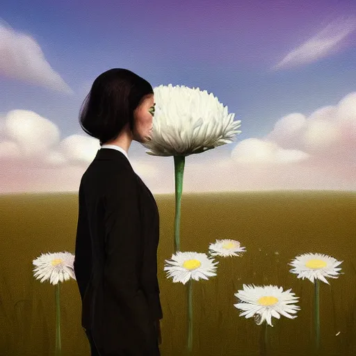 Prompt: giant white daisy flower head, frontal, girl in a suit, standing in street, surreal photography, sunrise, dramatic light, impressionist painting, digital painting, artstation, simon stalenhag