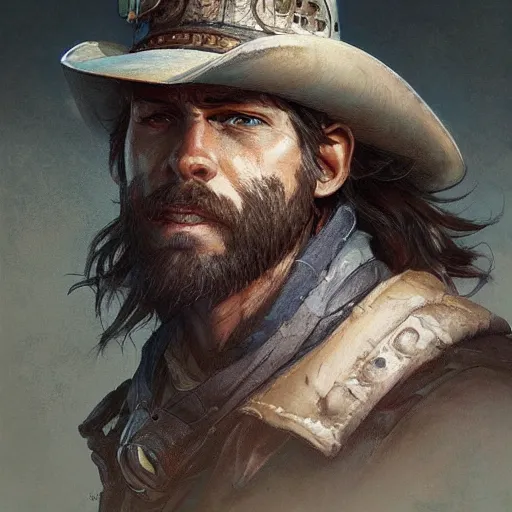 Image similar to rugged bearded cowboy, painted fantasy character portrait, headshot, fantasy, highly detailed, digital painting, artstation, concept art, sharp focus, illustration, art by artgerm and greg rutkowski and alphonse mucha