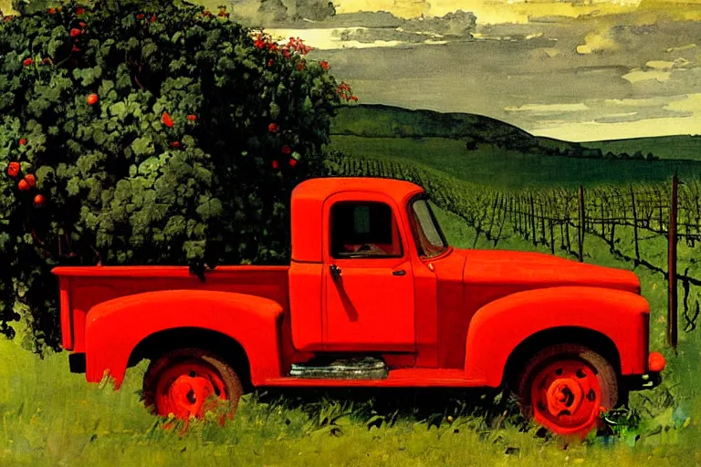 Image similar to painting of a vintage red truck in a vineyard by winslow homer