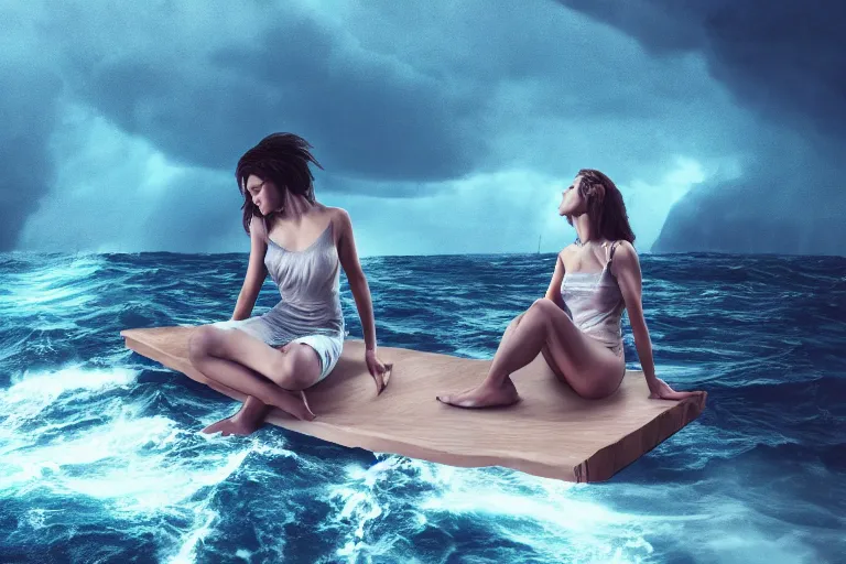 Prompt: A beautiful woman sitting on a giant open book in the middle of the ocean during a storm, dramatic lighting, cinematic, 8k HDR, highly detailed, high quality, octane render, unreal engine 5, path tracing, turbulent sea, concept art, trending on Artstation, dramatic scene