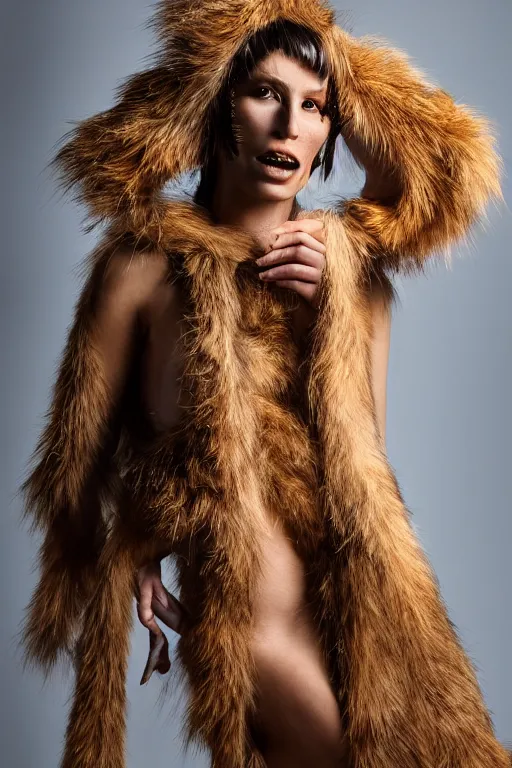 Prompt: a neanderthal woman wearing animal skin, posing as a model for vogue, studio lighting