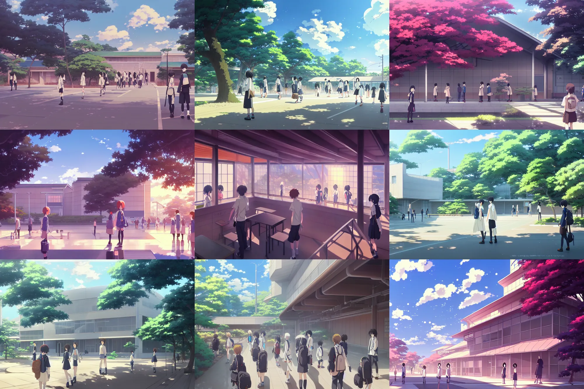 Prompt: a modern japanese high school, key visual, a digital painting by makoto shinkai and james gurney, trending on artstation, highly detailed