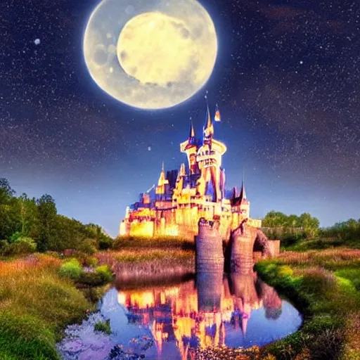 Image similar to realistic photo : a glowing sleeping beauty castle on a countryside at night under the stars, a full moon, and clouds