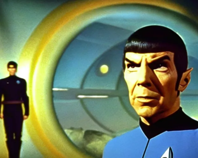 Image similar to film still from star trek, spock on an alien planet, 1 9 6 8