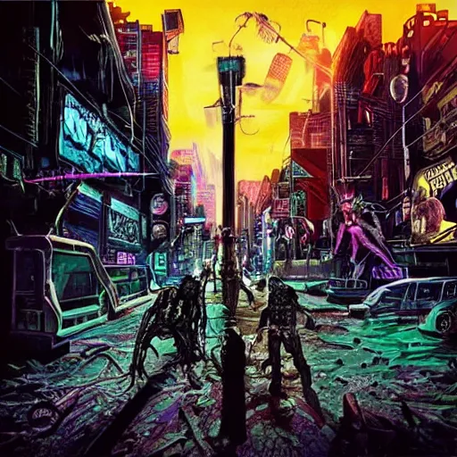 Image similar to Iron Maiden album cover cyberpunk Eddie city streets dystopian night time Street lights