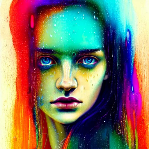 Image similar to portrait of girl in uniquely colored psychedelic rain with wet hair and face, fantasy, intricate, elegant, dramatic lighting, epiphany, highly detailed, lifelike, photorealistic, digital painting, artstation, concept art, smooth, sharp focus, illustration, art by John Collier and Albert Aublet and Krenz Cushart and Artem Demura and Alphonse Mucha