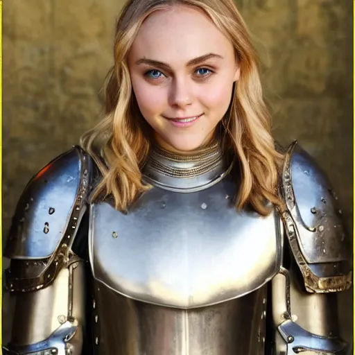 Prompt: portrait head and shoulders annasophia robb in medieval armour