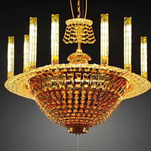 Image similar to complex cristal chandelier with anatomic description , gems, gold, bright colors ultrawide lens, details, studio lighting, realism, complex lights