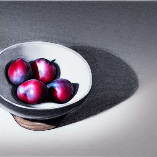 Prompt: concept art drawing of a single thick porcelain bowl filled with a few moist freshly picked plums on a wooden table. volumetric lighting. small scale. artistic. top down.