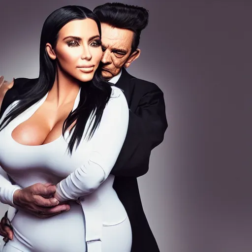 Image similar to johnny cash hugging kim kardashian, kim wearing a skintight nurse outfit, real photo, photoshooting, studio light, hospital background, intricate, epic lighting, cinematic composition, hyper realistic, 8k resolution, unreal engine 5