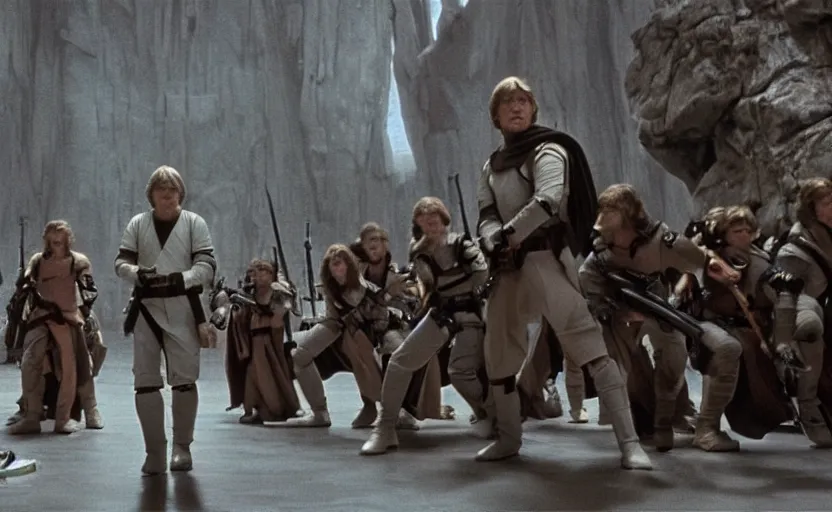 Prompt: screenshot of the epic scene featuring Luke Skywalker with his class of jedi padawans, facing off against a sithtroopers, around Temple, iconic scene from 1980s film by Stanley Kubrick, 4k, cinematic still frame, surreal sci fi set design, photoreal, detailed face, moody lighting, stunning cinematography, hyper detailed, sharp, anamorphic lenses, kodak color film stock