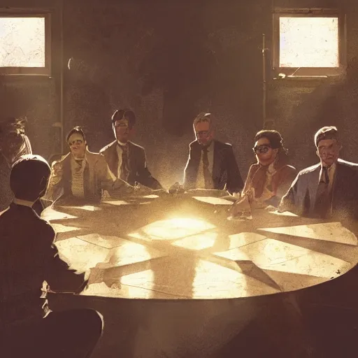 Prompt: a table with 1 0 people all sitting, buisness, vintage decor, illumanati, serious, craig mullins, warm sunlight threw the roof, dust particles illuminated in the sun beam,