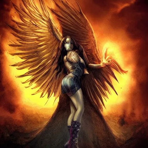 Image similar to post-apocalyptic female phoenix, dark ambiance, realism,