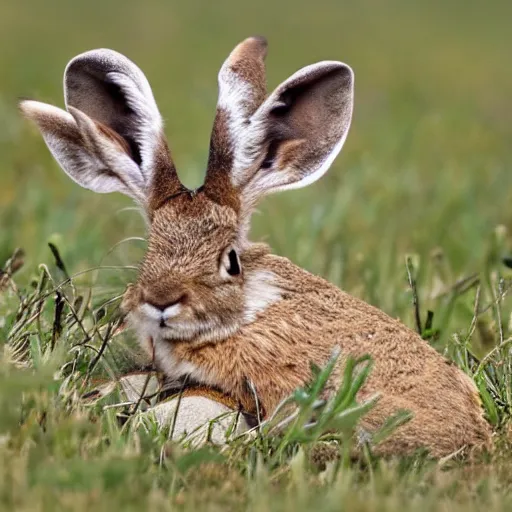 Prompt: pulitzer prize winning national geographic photo of a cute mini jackalope asleep curled up in a meadow eyes closed