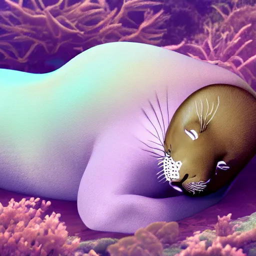 Prompt: Prince in pastel!!, A seal sleeping peacefully in a kelp forest, cinematic, hyper realistic, detailed, 8k, octane render.