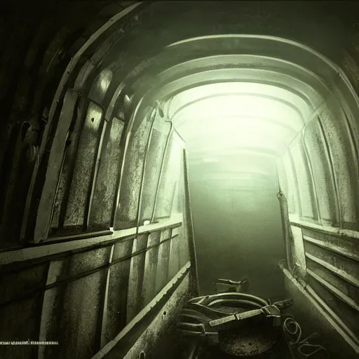 Image similar to inside an narrow corridor of an abandonned ussr uboat, very dark lighting with very small light beams, comming, concept art, 4 k, hd, art station trending, sergii ivanchenko, sharp and highly detailed