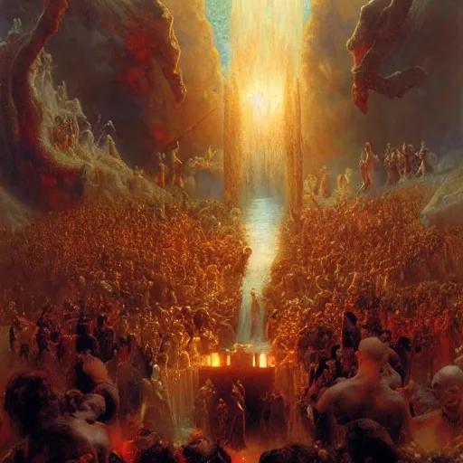 Image similar to alvah angelrune water portal to hell located in heaven, crowd of people, rule of thirds, 4 k, dark bright effect, highly detailed painting by gaston bussiere, craig mullins, j. c. leyendecker
