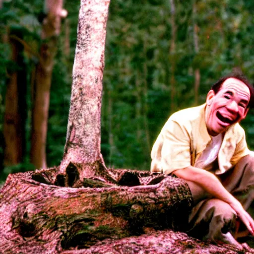 Prompt: gilbert gottfried face on a tree stump, film still