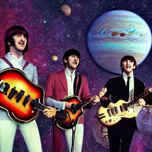 Image similar to the beatles playing a concert on jupiter to a crowd of aliens. photograph 8 k cinematic colored