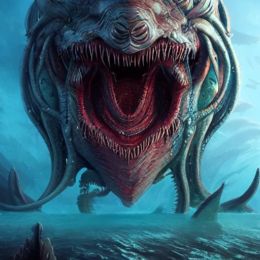 Prompt: sea beast of the depths in the style of michael whelan and h. p. lovecraft. hyperdetailed photorealism by greg rutkowski. 1 0 8 megapixels, 3 d finalrender, cinematic lighting.