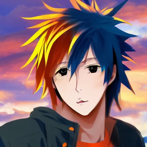 Image similar to orange - haired anime boy, 1 7 - year - old anime boy with wild spiky hair, wearing blue jacket, golden hour, partly cloudy sky, red clouds, orange sky, strong lighting, strong shadows, vivid hues, ultra - realistic, sharp details, subsurface scattering, intricate details, hd anime, 2 0 1 9 anime