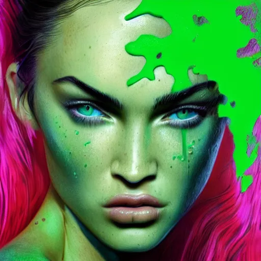 Image similar to megan fox closeup of face dripping green goo. hyperrealistic portrait, photo realistic, poster, artstation, volumetric lighting, digital art, very detailed face by magali villeneuve