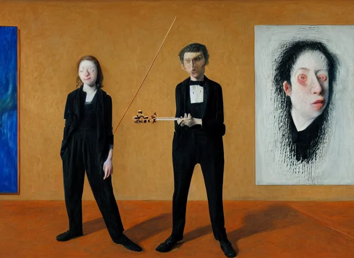 Prompt: portrait of two young violin players getting ready to perform looking, half figure front, francis bacon and pat steir and hilma af klint and james jean and vincent lefevre, psychological, photorealistic, symmetrical faces, intriguing eyes, rendered in octane, altermodern, masterpiece