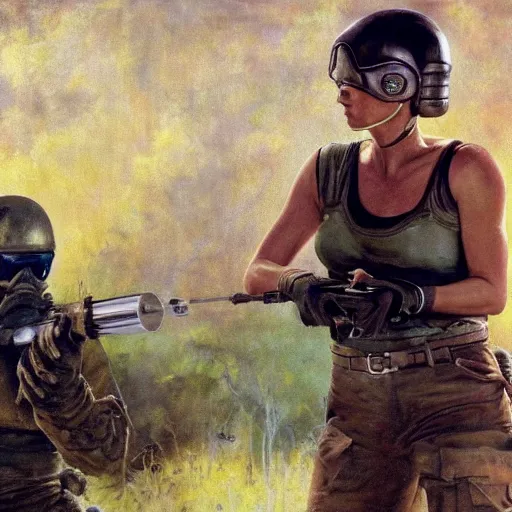 Image similar to ultra realistic portrait painting of charlize theron playing paintball, art by frank frazetta, 4 k, ultra realistic, highly detailed, epic lighting.