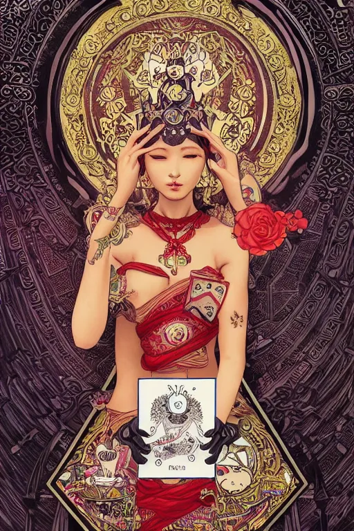 Prompt: Death tarot card design portraying Hello Kitty in ancient Java style, D&D, MtG art,fantasy, intricate, elegant, highly detailed, digital painting, artstation, concept art, smooth, sharp focus, hyperrealistic,illustration, art by artgerm and greg rutkowski and alphonse mucha