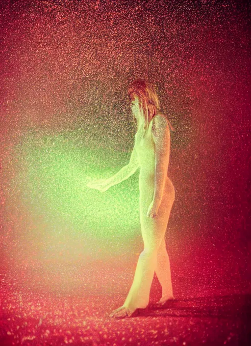 Prompt: crystallized human silhouette, large diffused glowing aura, long exposure, film grain, cinematic lighting, blurry, concept art