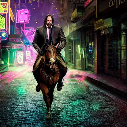 Image similar to Keanu Reaves riding a unicorn thought a HDR neon lit alley, a still shot from John Wick 2, holding a gin, arm outsreched, shooting at character dressed as Luigi from Mario, epic fantasy style, digital art, 8k high defition