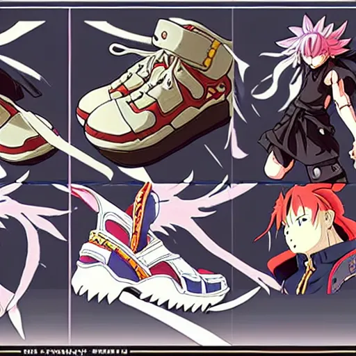 Image similar to fantasy anime jrpg sneaker design designed by studio ghibli, chrono trigger guilty gear style, aztec mayan street fashion native punk sneaker design, hip hop sneaker design with subtle mayan patterns, gapmoe yandere grimdark, trending on pixiv fanbox, painted by greg rutkowski makoto shinkai takashi takeuchi studio ghibli, akihiko yoshida