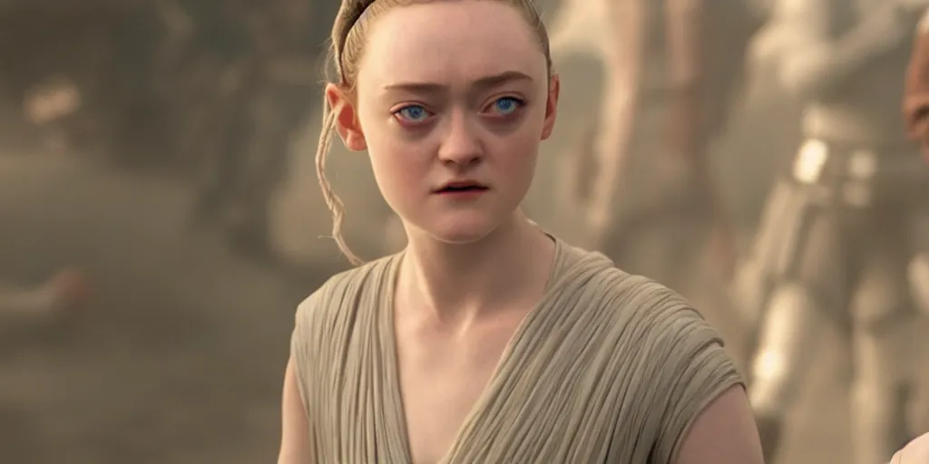 Image similar to Dakota Fanning as rey in the new star wars movie, cinematic, detailed, ultrawide