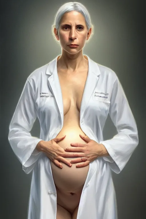 Image similar to pregnant anthony fauci in a translucent white lab coat, realistic portrait, symmetrical, highly detailed, digital painting, artstation, concept art, smooth, sharp focus, illustration, cinematic lighting, art by artgerm and greg rutkowski and alphonse mucha