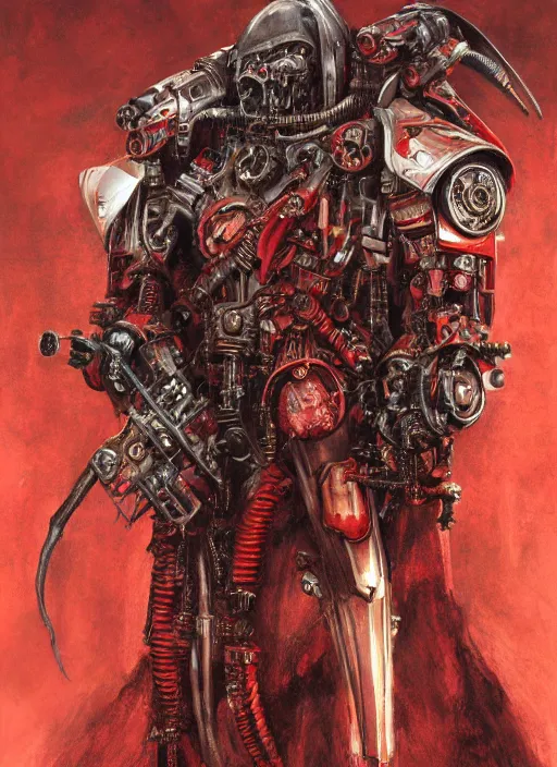 Image similar to portrait of rotten Tom Cruise as adeptus mechanicus in red hood and robe witch mechanical tentacles from Warhammer 40000. Highly detailed, artstation, illustration by and John Blanche and zdislav beksinski and wayne barlowe
