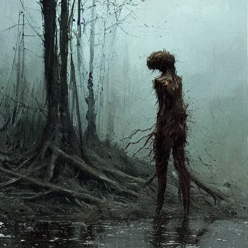 Image similar to painting by jakub rozalski of a muddy rooted humanoid creatures