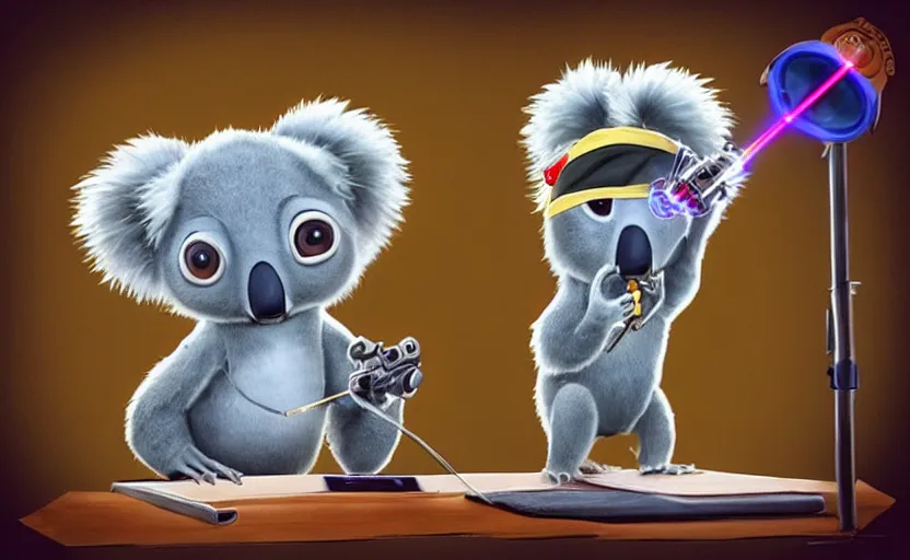 Image similar to “ cute koala with very big eyes, wearing a bandana and chain, holding a laser gun, standing on a desk, digital art, award winning, in the style of the movie madagascar ”