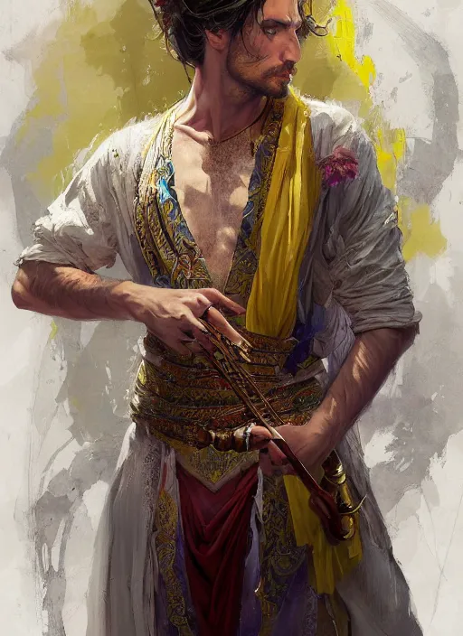 Image similar to a beautiful detailed painting of a gypsy male bard in colorful ornate robes robes, pale skin, white hair, yellow eyes, master of dreams art by jon foster trending on artstation painted by greg rutkowski, painted by stanley artgerm