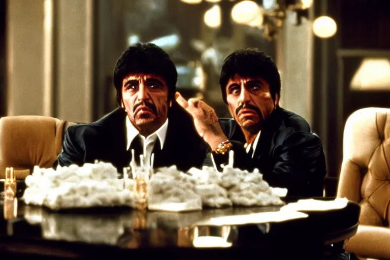 Prompt: tony montana from movie scarface 1 9 8 3 sitting behind a big black oak table with big large packages of flour and money. long shot. al pacino. perfect symmetric face, coherent eyes,, fine details, 4 k, ron cobb, cinestill